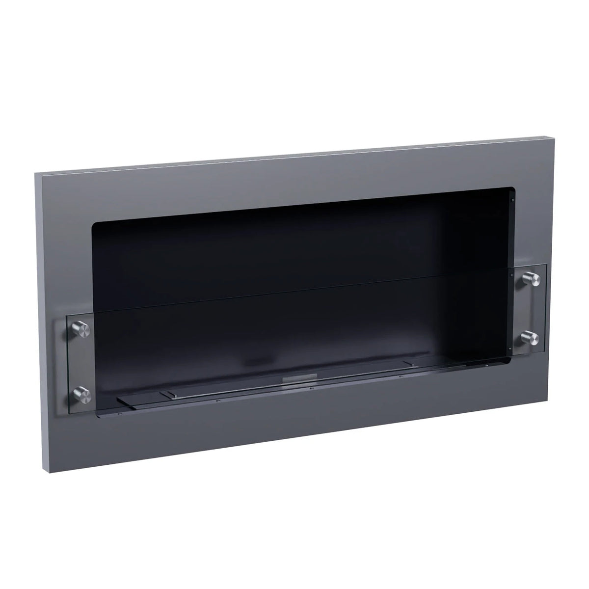 Texas steel-grey wall-mounted bioethanol fireplace, angled view on white background, unlit