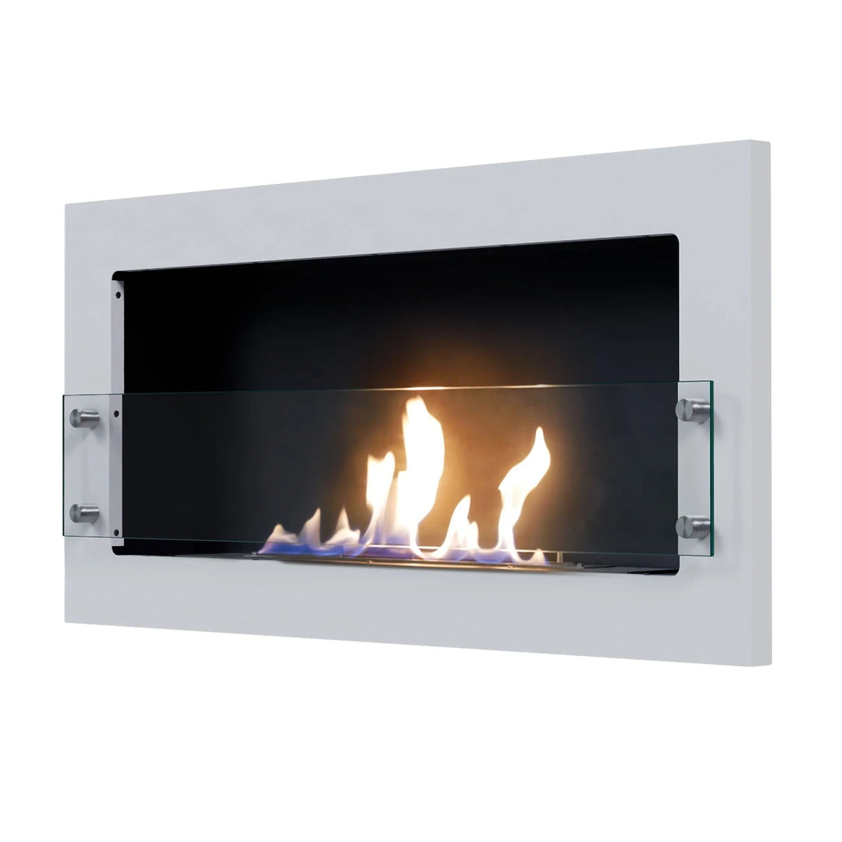 Texas white wall-mounted bioethanol fireplace, opposite angled view on white background with a lit realistic flame