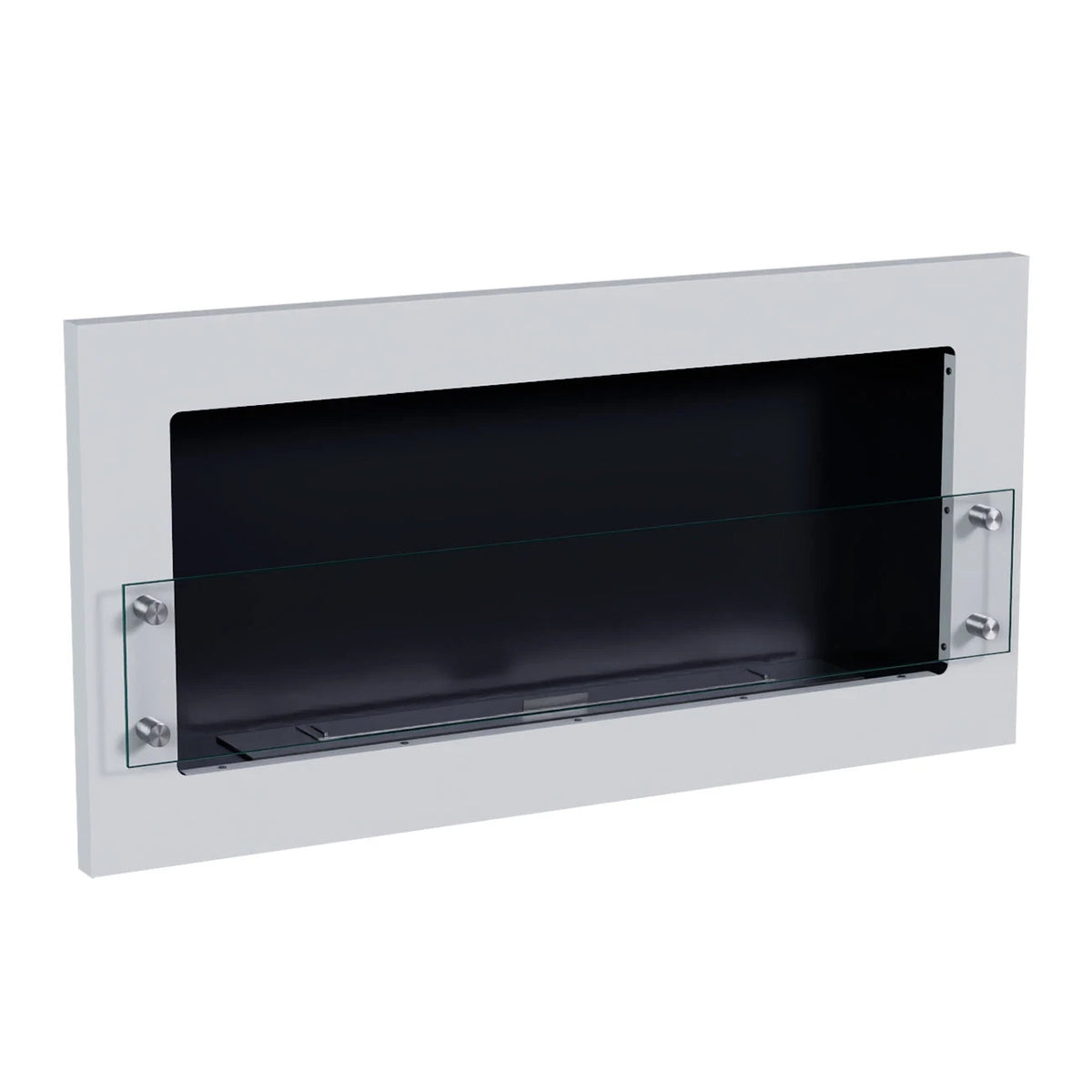 Texas white wall-mounted bioethanol fireplace, angled view on white background, unlit