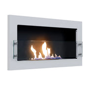Texas white wall-mounted bioethanol fireplace, angled view on white background with a lit realistic flame