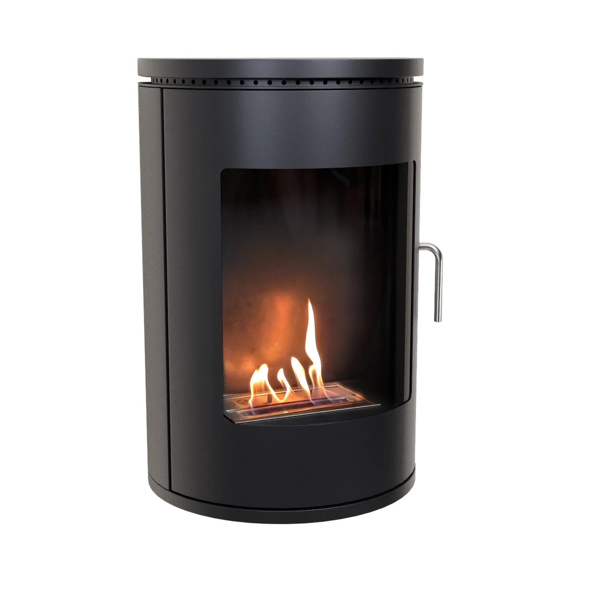 Richmond Black wall-mounted bioethanol stove with curved front, lit realistic flame, angled studio shot on white background