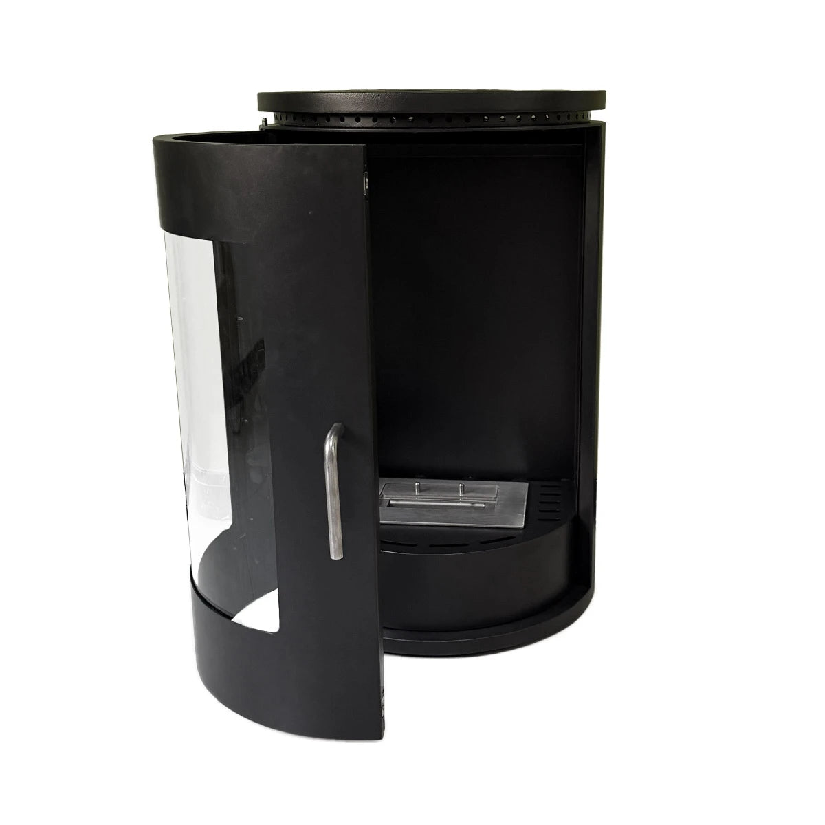 Richmond Black wall-mounted bioethanol stove, unlit studio shot with door open showing the burner tray