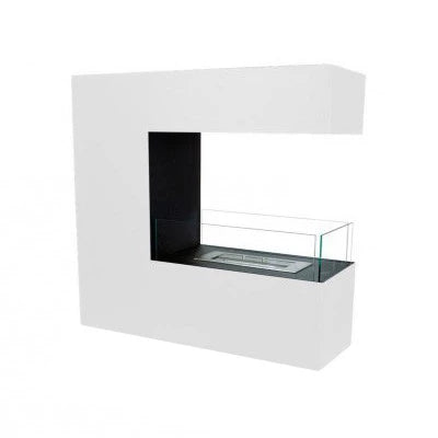 Topeka White bio fireplace, angled studio shot on white background, unlit