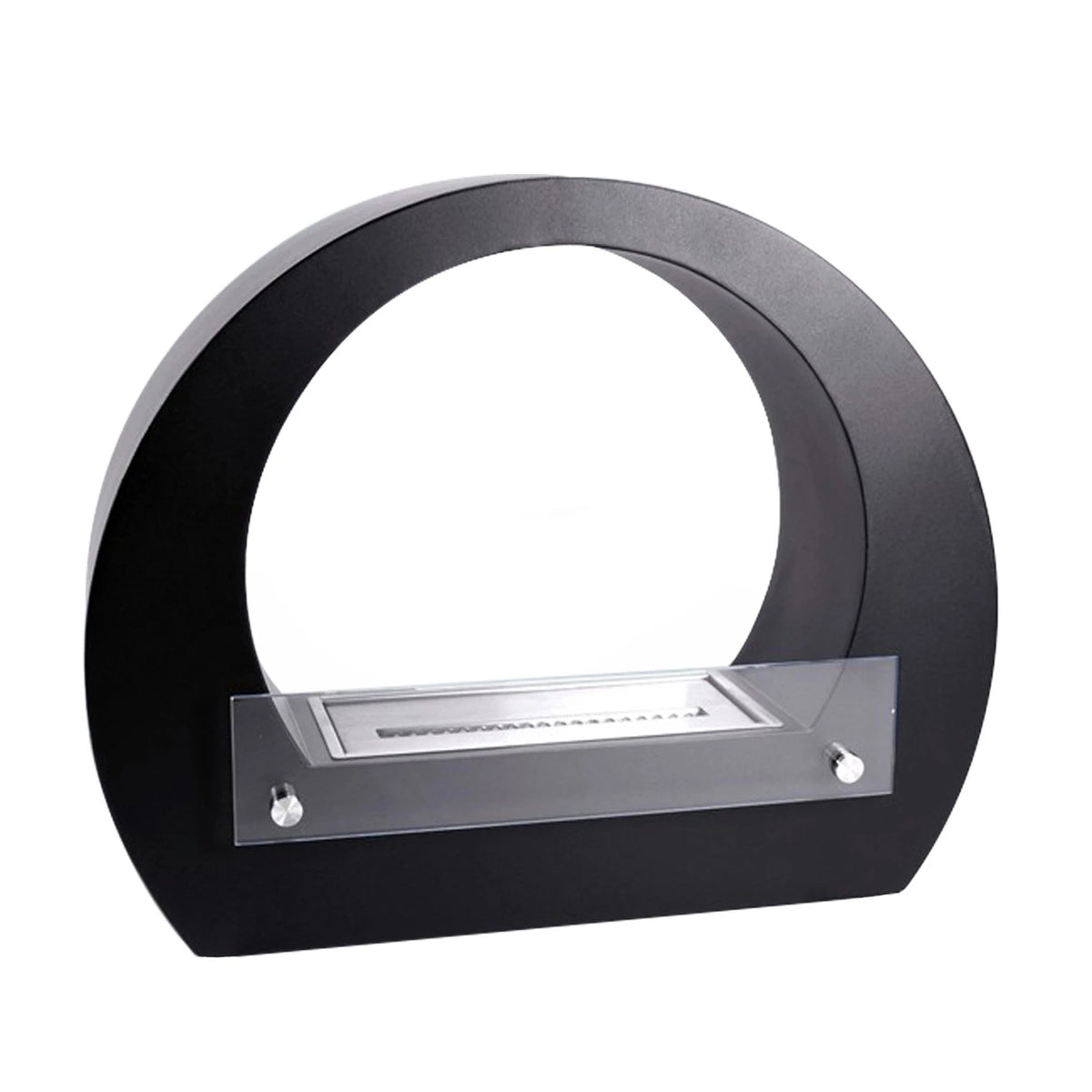 Dallas Black round bio fireplace, angled studio shot on white background, unlit