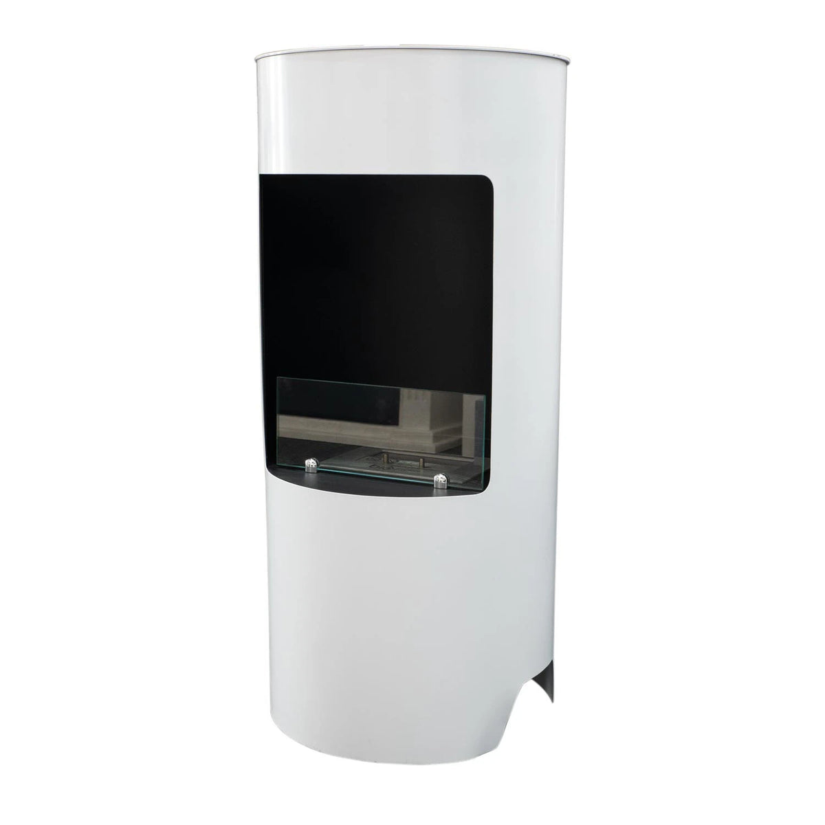 Montgomery white round bioethanol fireplace, unlit, studio shot