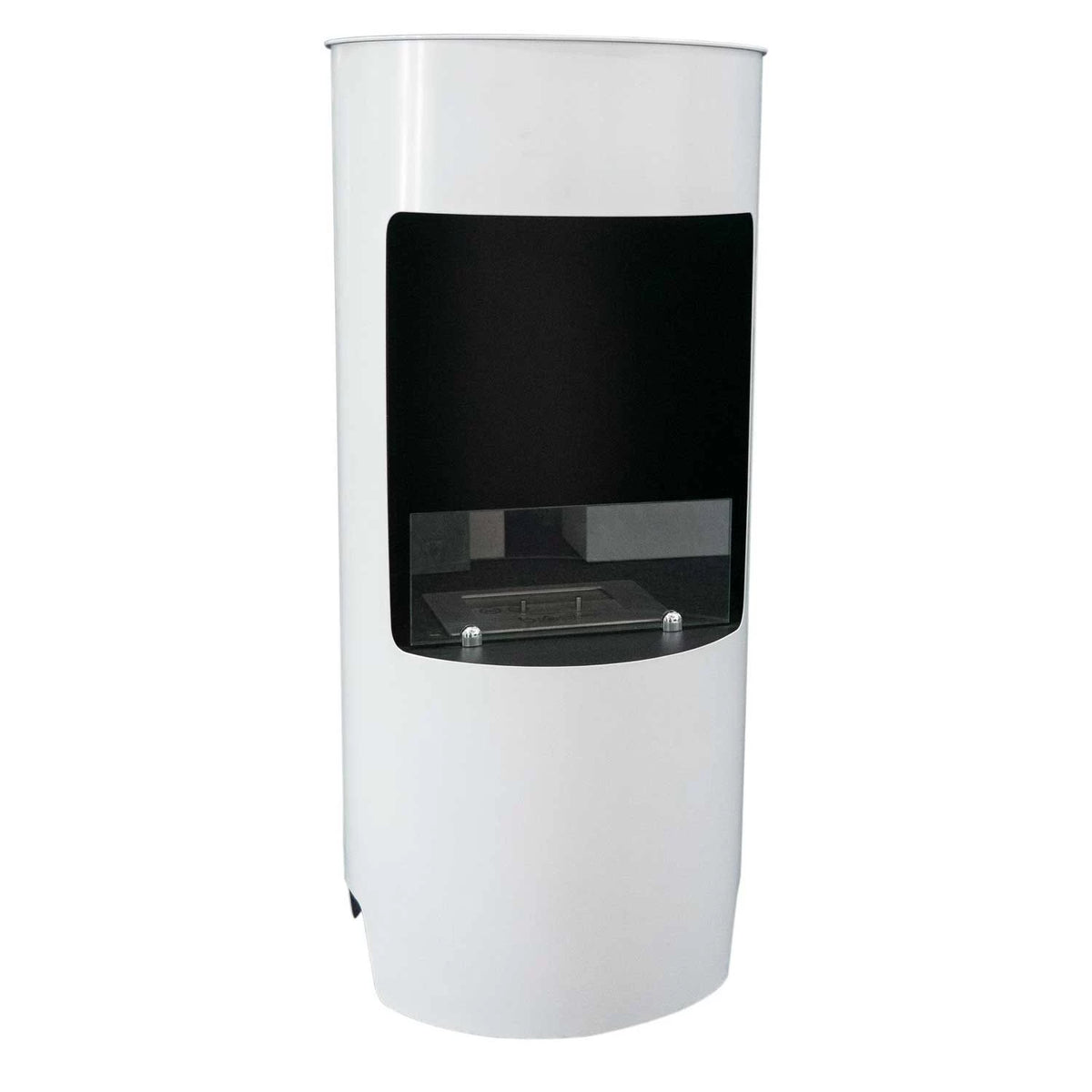 Montgomery white round bioethanol fireplace, unlit, studio side view