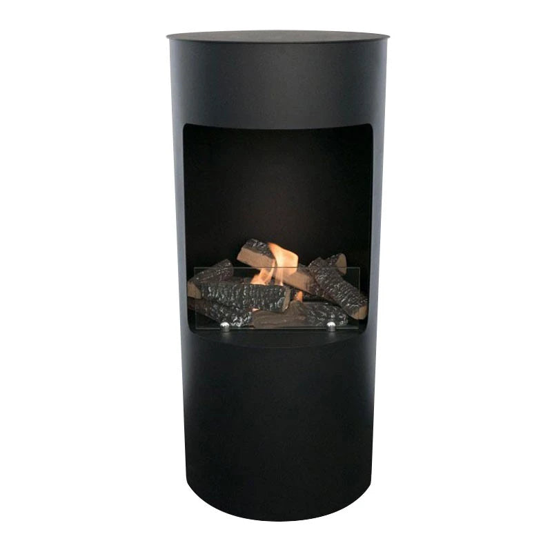 Montgomery black round bioethanol fireplace with decorative logs, lit with a realistic flame, white-background studio shot