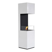 Open 3-sided white bioethanol fireplace, lit with a realistic flame, white-background studio shot