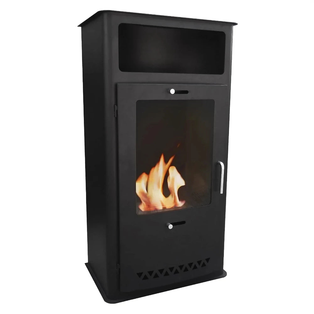 ScandiFlames Boston black bioethanol stove with lit flames, studio shot