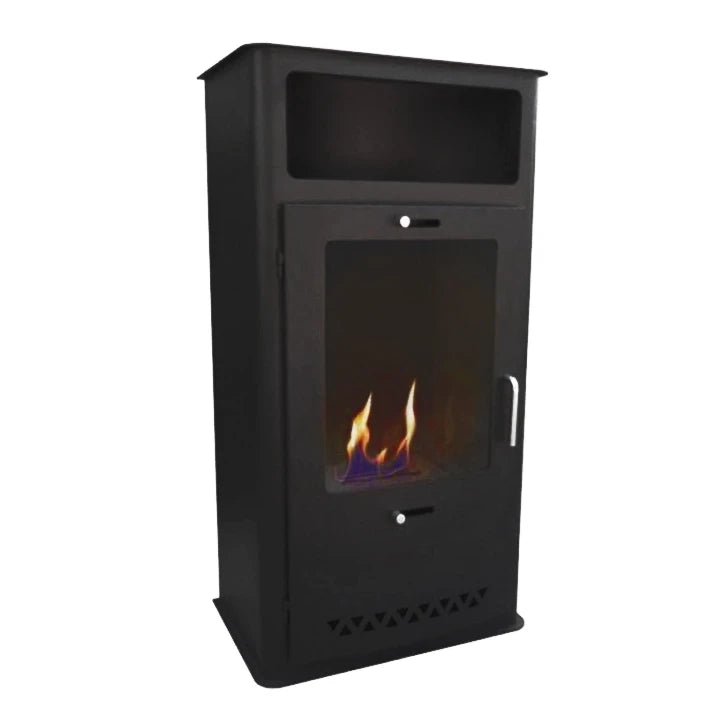 ScandiFlames Boston black bioethanol stove with lit flames, studio shot