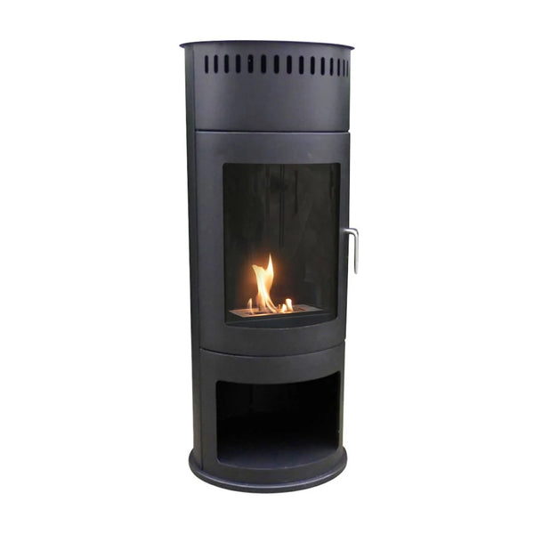 ScandiFlames Washington black bioethanol stove with lit flames, studio shot