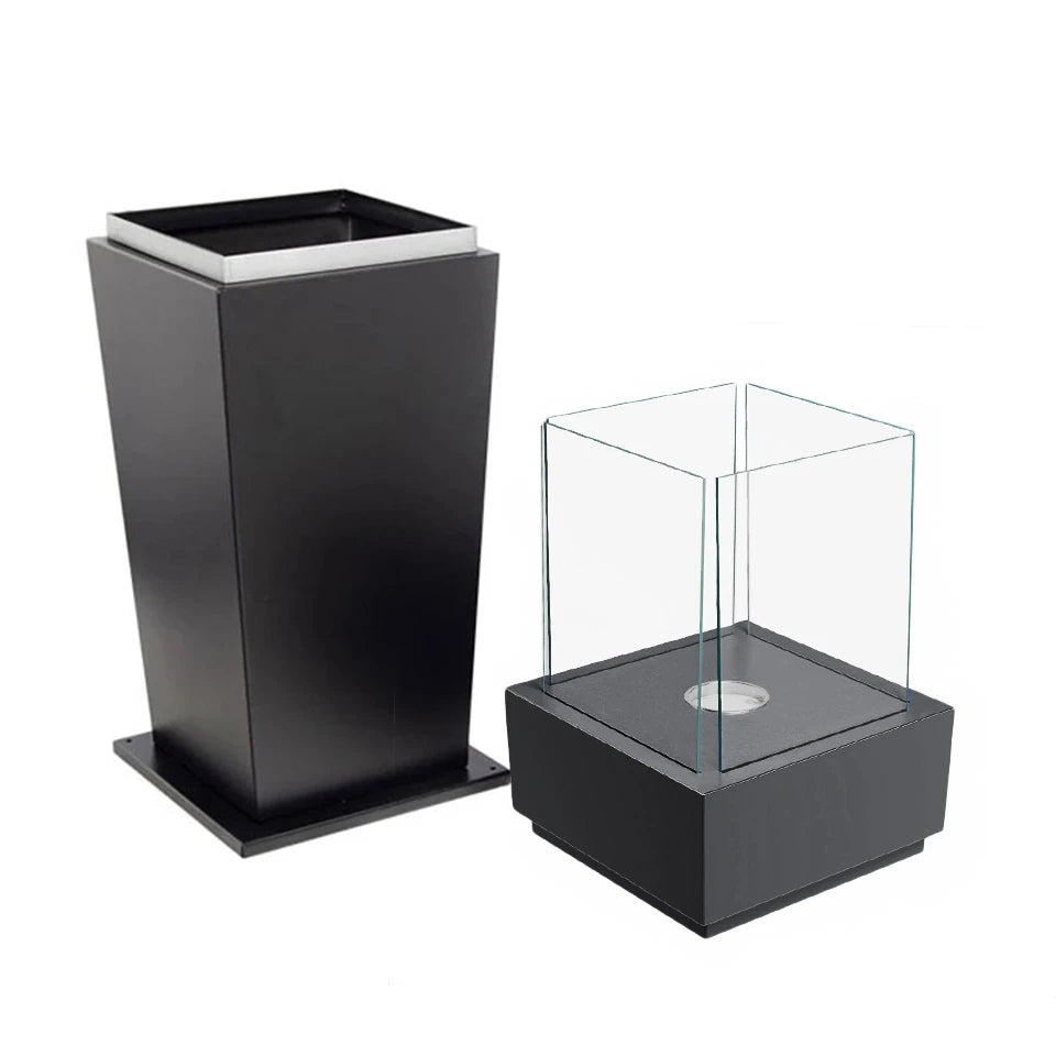 Elegant black bioethanol fireplace shown with the glass top detached, unlit, studio shot