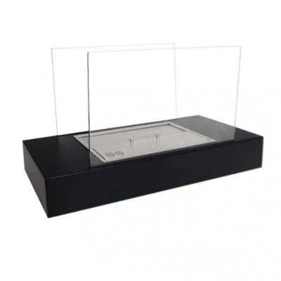 Oklahoma black steel bioethanol fireplace, unlit, angled studio view