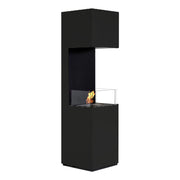 Open 3-Sided black bioethanol fireplace with a lit flame, white studio background