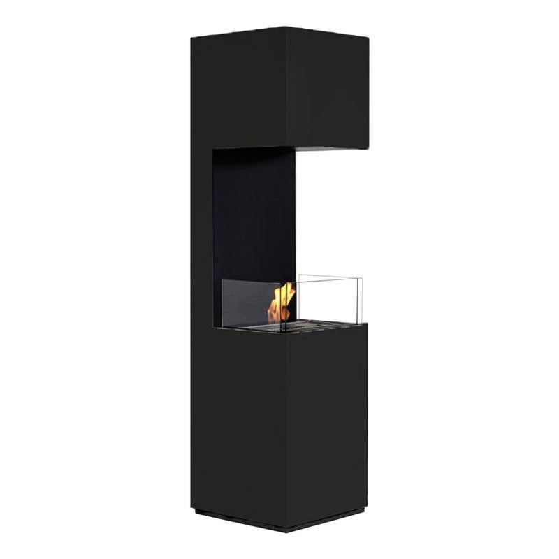 Open 3-Sided black bioethanol fireplace with a lit flame, white studio background