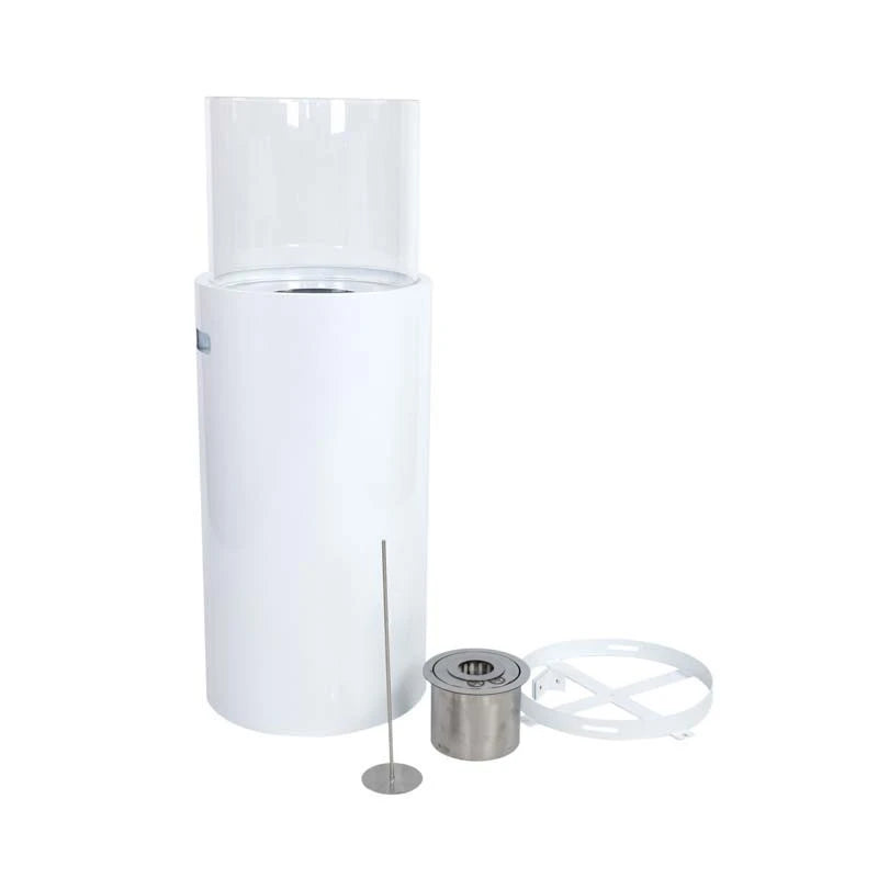 Outdoor white bioethanol fireplace, unlit, showing burner and glass components