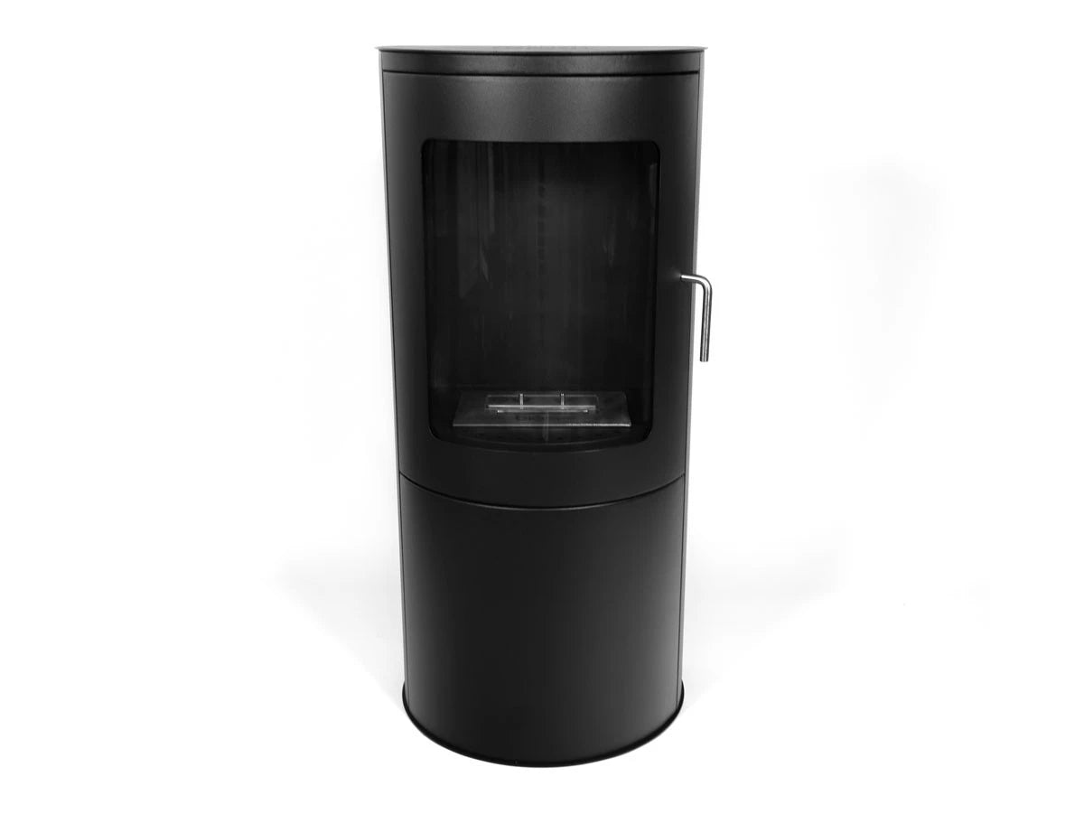 Richmond bioethanol fire stove, unlit, front view showing the empty burner tray