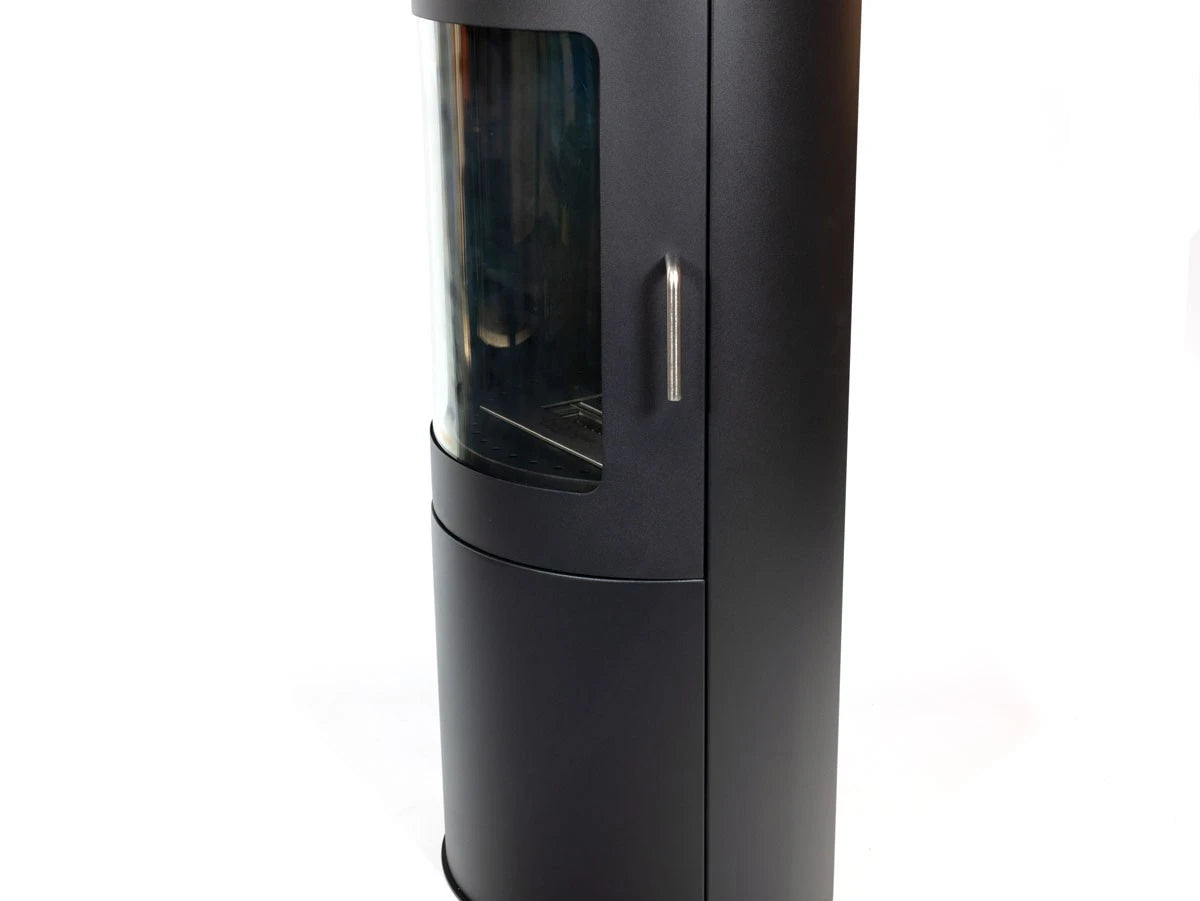 Close-up of the Richmond bioethanol fire stove's glass door and handle