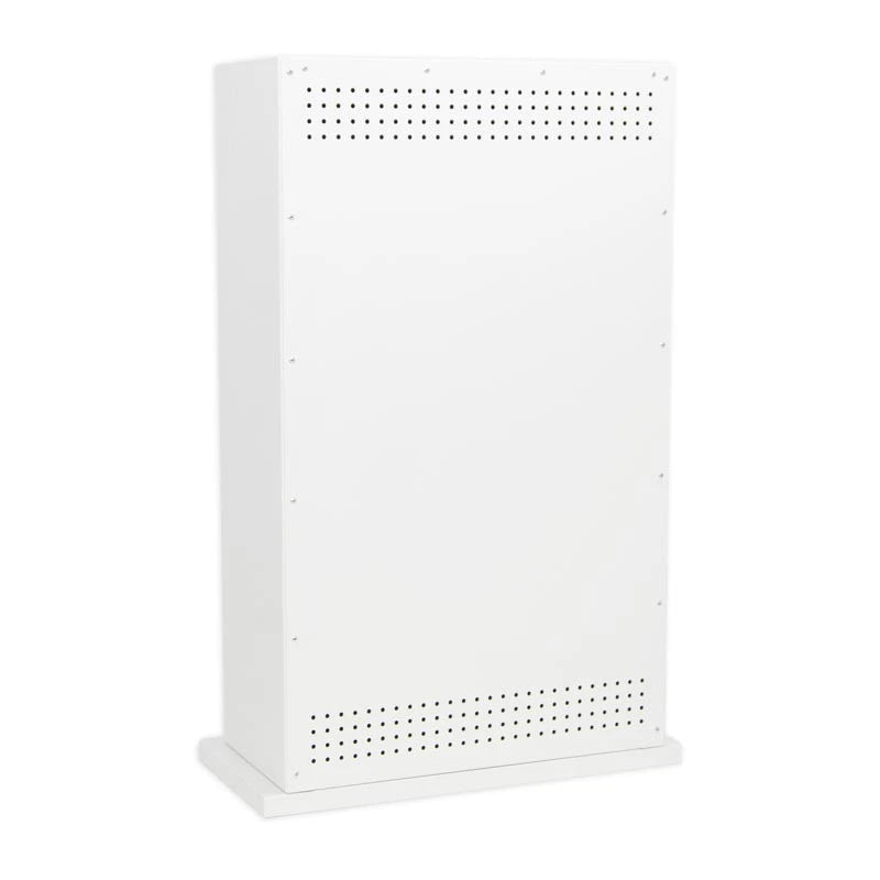 Back view of the white freestanding bioethanol fireplace showing the ventilation panels