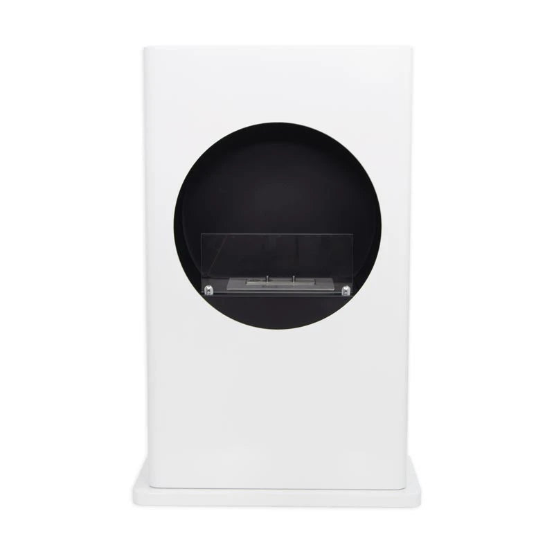 White freestanding bioethanol fireplace with round cutout, unlit, front view