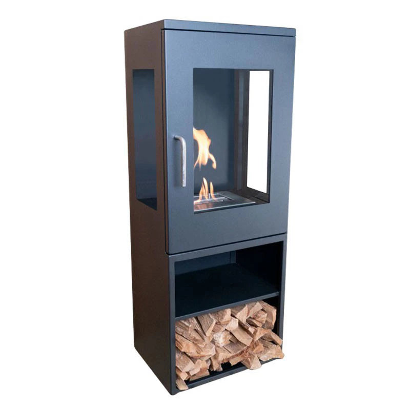 Cheyenne black freestanding bioethanol stove fireplace with firewood in the storage compartment, lit flame, studio view