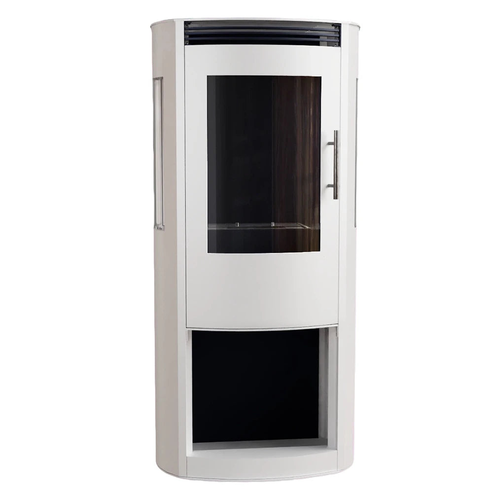 Lincoln white freestanding bioethanol wood-burning stove, unlit, front view