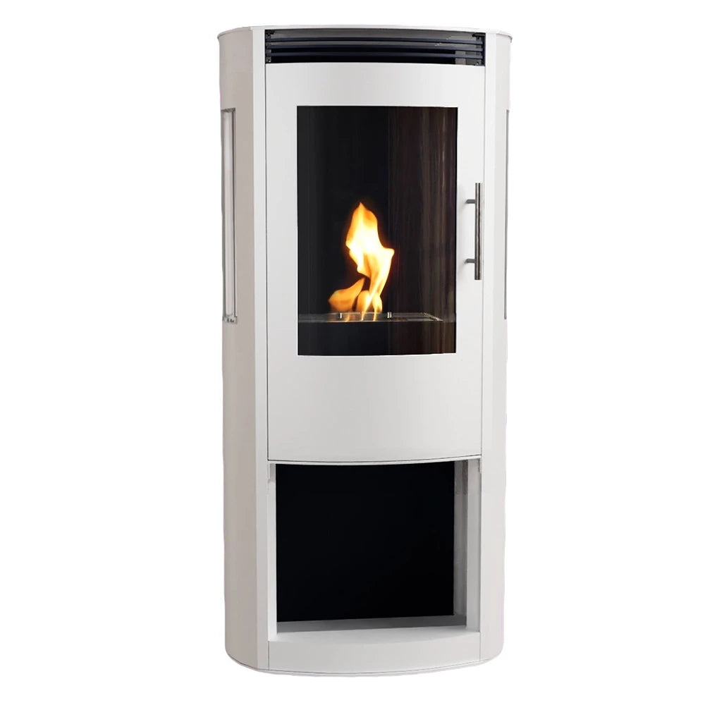 Lincoln white freestanding bioethanol wood-burning stove with lit flame, front view