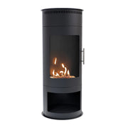 ScandiFlames Washington Small black round bioethanol stove with a lit flame, studio shot on white background