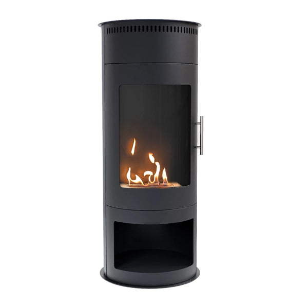 ScandiFlames Washington Small black round bioethanol stove with a lit flame, studio shot on white background