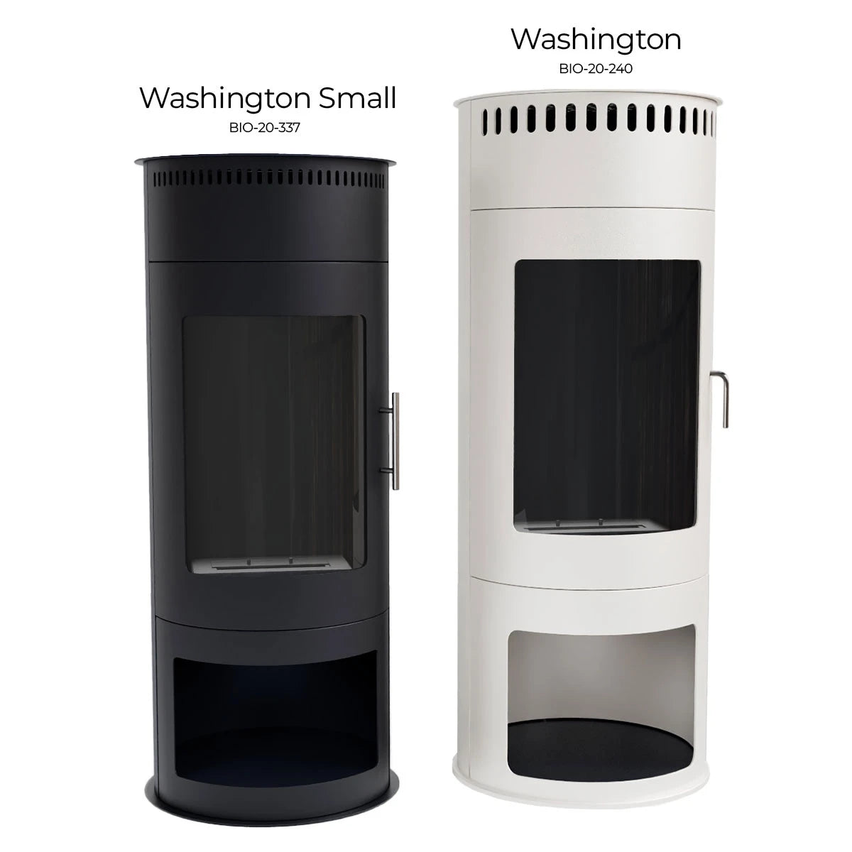 Size comparison of the Washington Small bioethanol stove against the full-size Washington stove, front view
