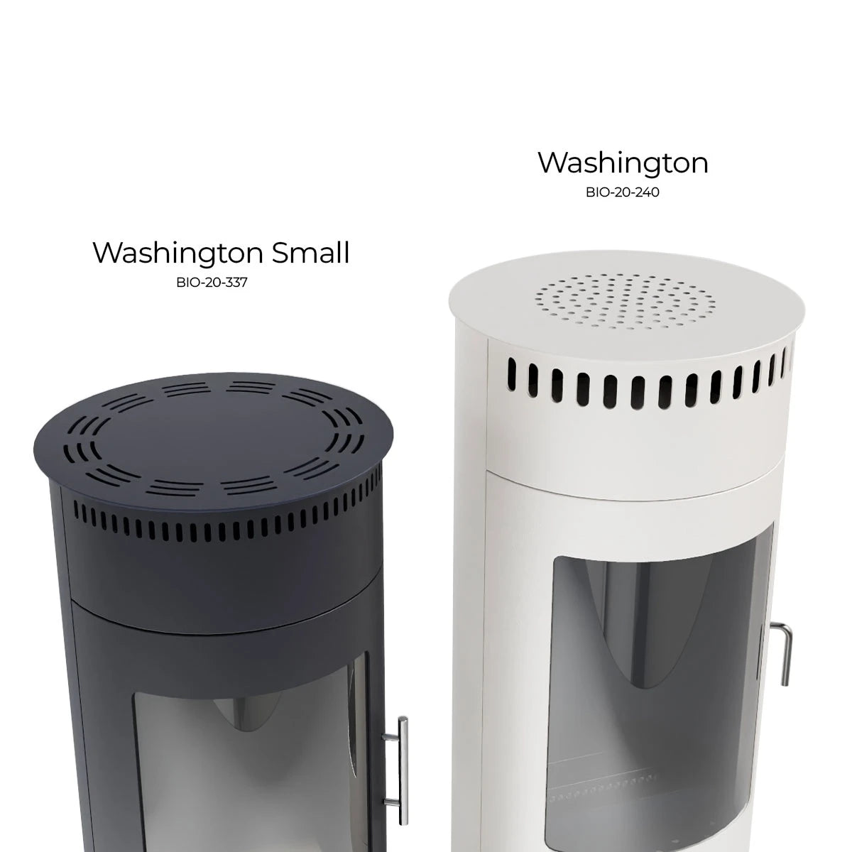 Size comparison of the Washington Small bioethanol stove against the full-size Washington stove, top-down height comparison