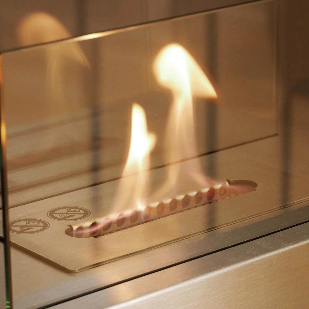 Close-up of the lit burner flame on the ScandiFlames Lambeth steel tabletop bioethanol fireplace