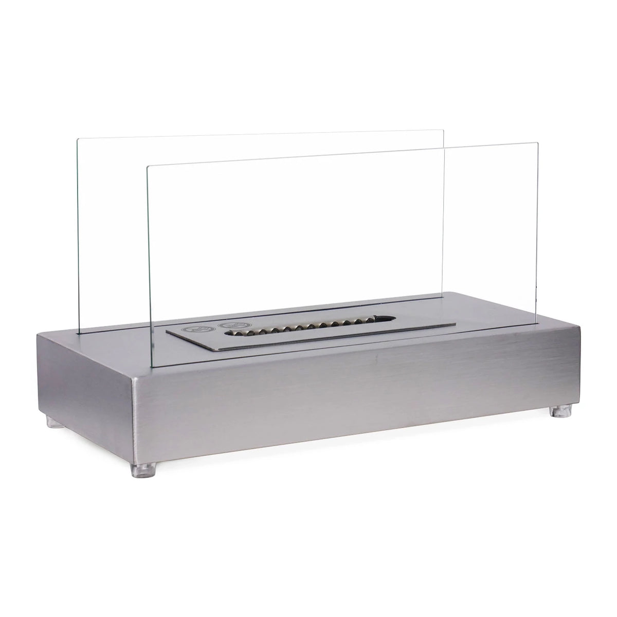 ScandiFlames Lambeth steel tabletop bioethanol fireplace, unlit studio angle showing the burner tray