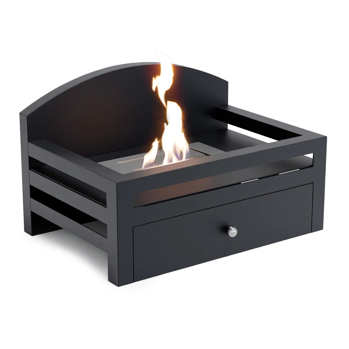 ScandiFlames Kingston freestanding bioethanol fireplace insert with a lit flame, angled studio shot on white background
