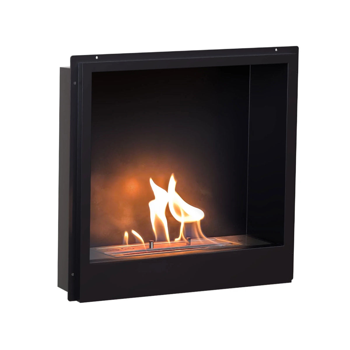 Surtur 18-inch black bioethanol fireplace insert, angled detail view with lit flame