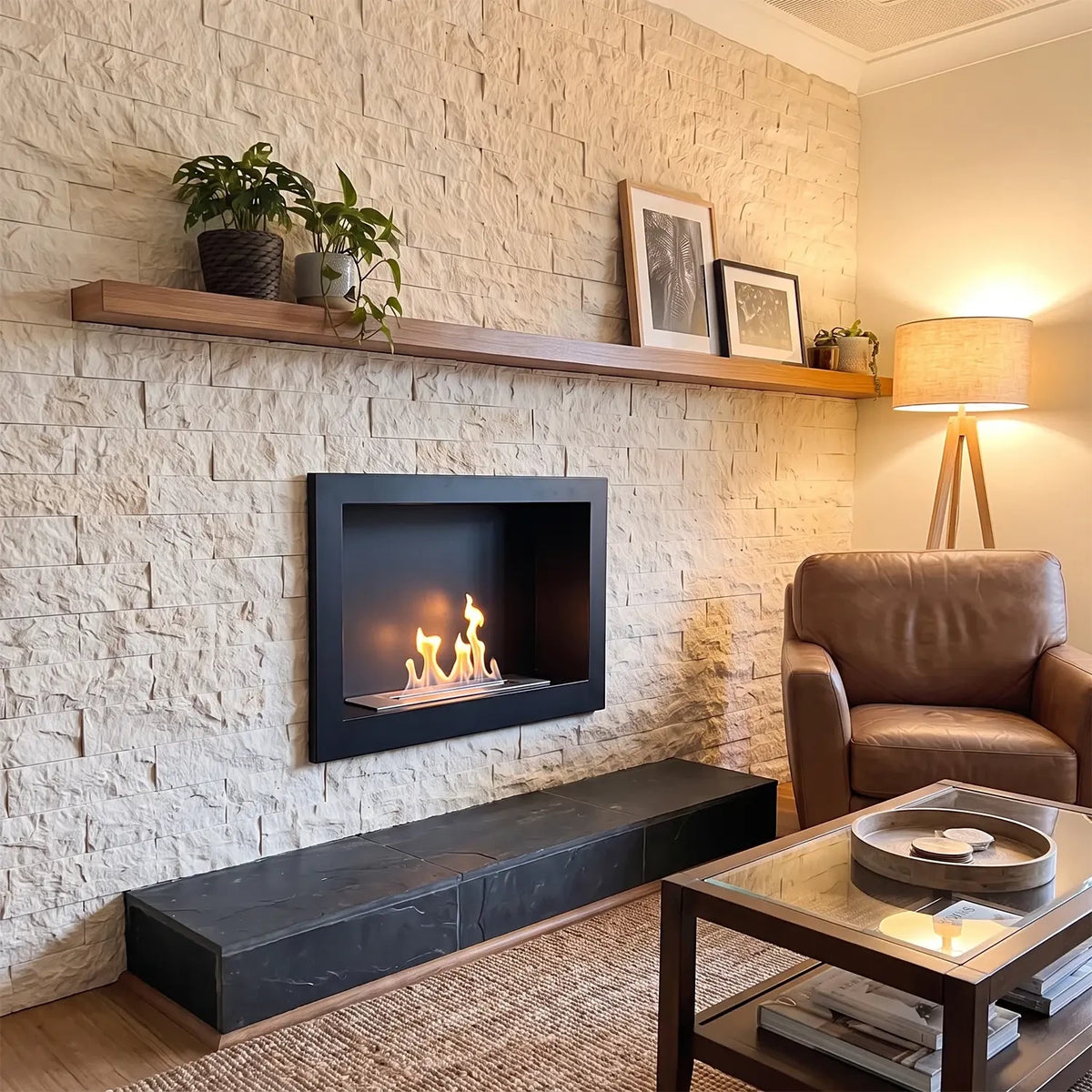 Wall installation frame installed with the Surtur 23-inch bioethanol insert in a stone fireplace wall