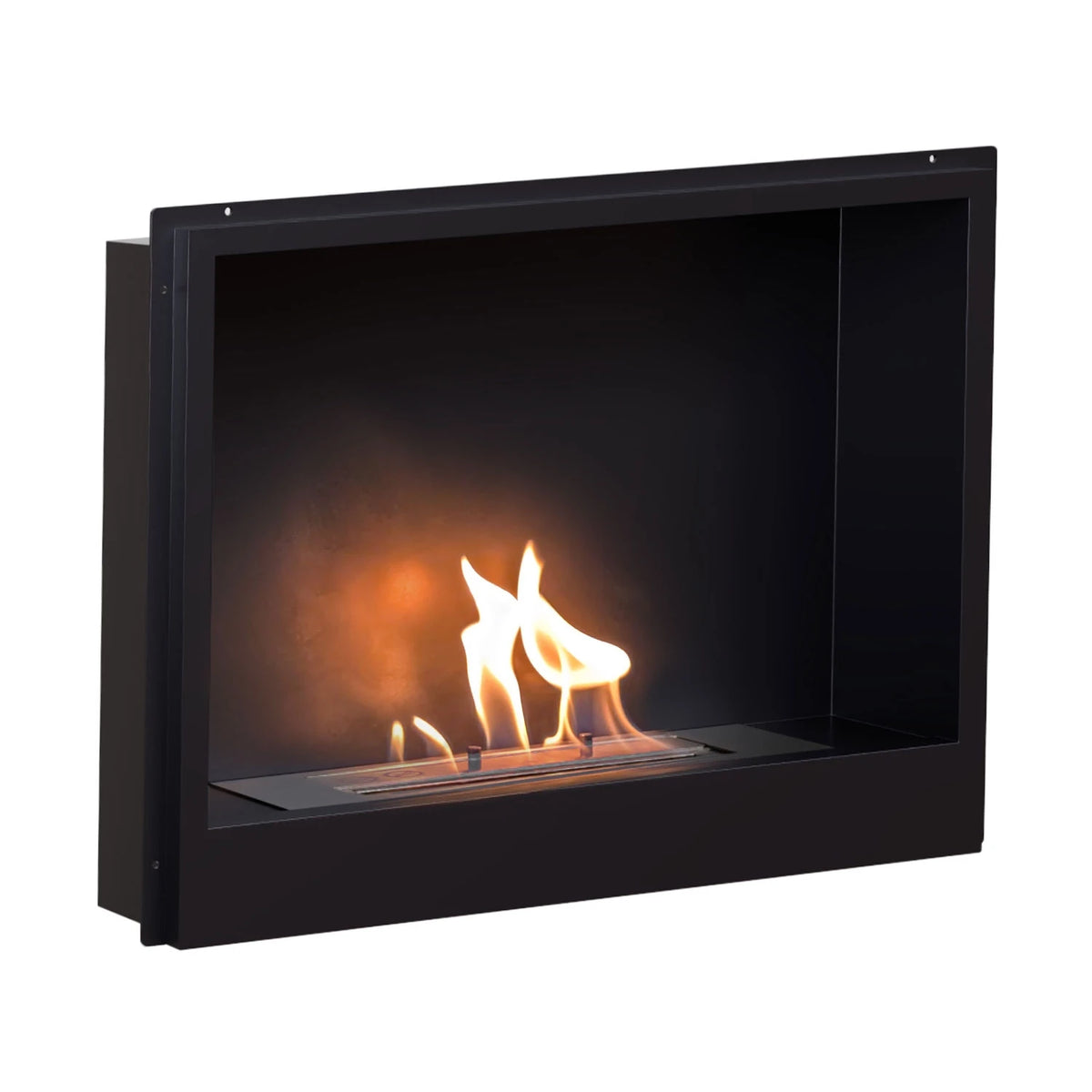 Surtur 23-inch black bioethanol fireplace insert, angled detail view with lit flame