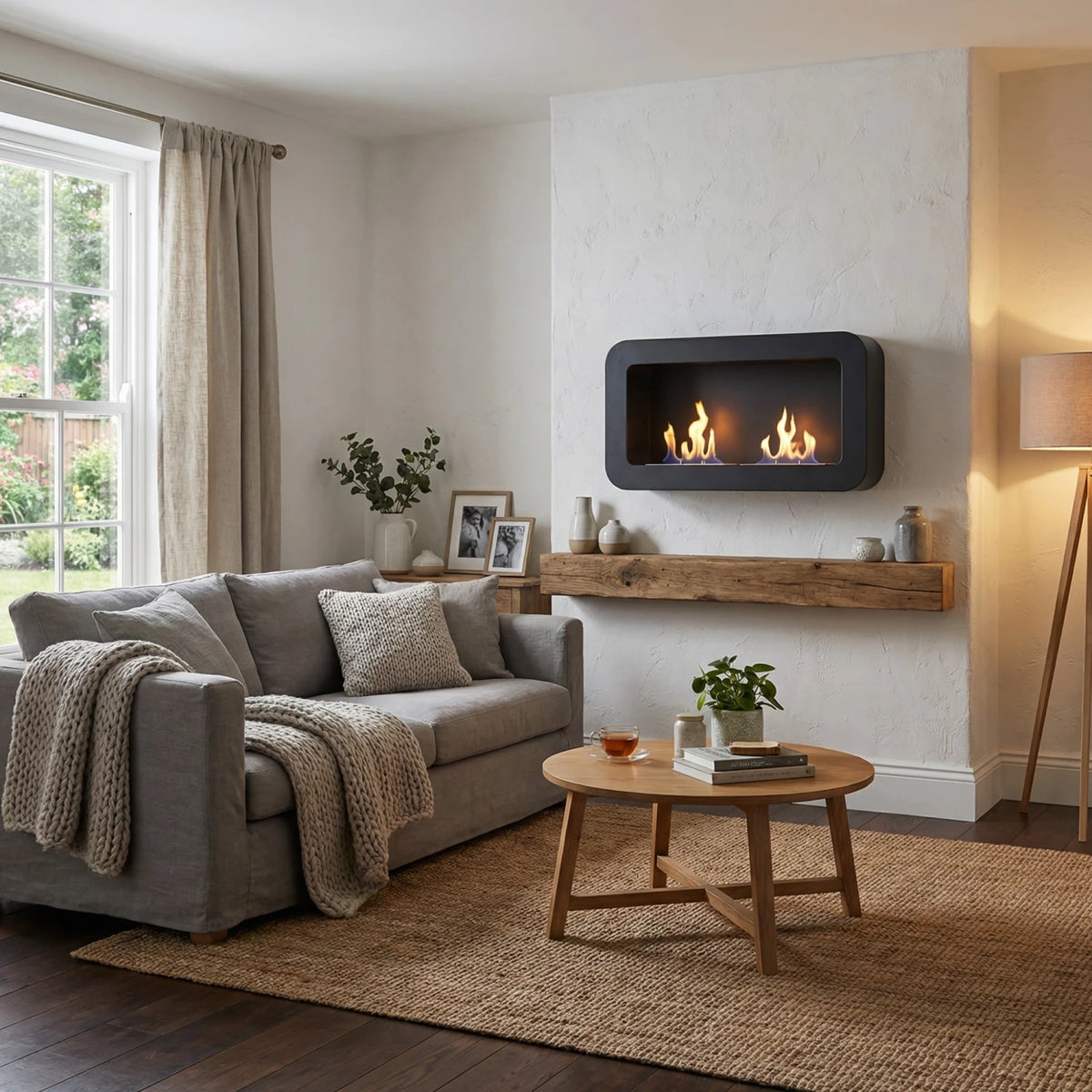 Black wall-mounted bioethanol fireplace with lit flames, styled above a rustic wood mantel in a cosy neutral living room