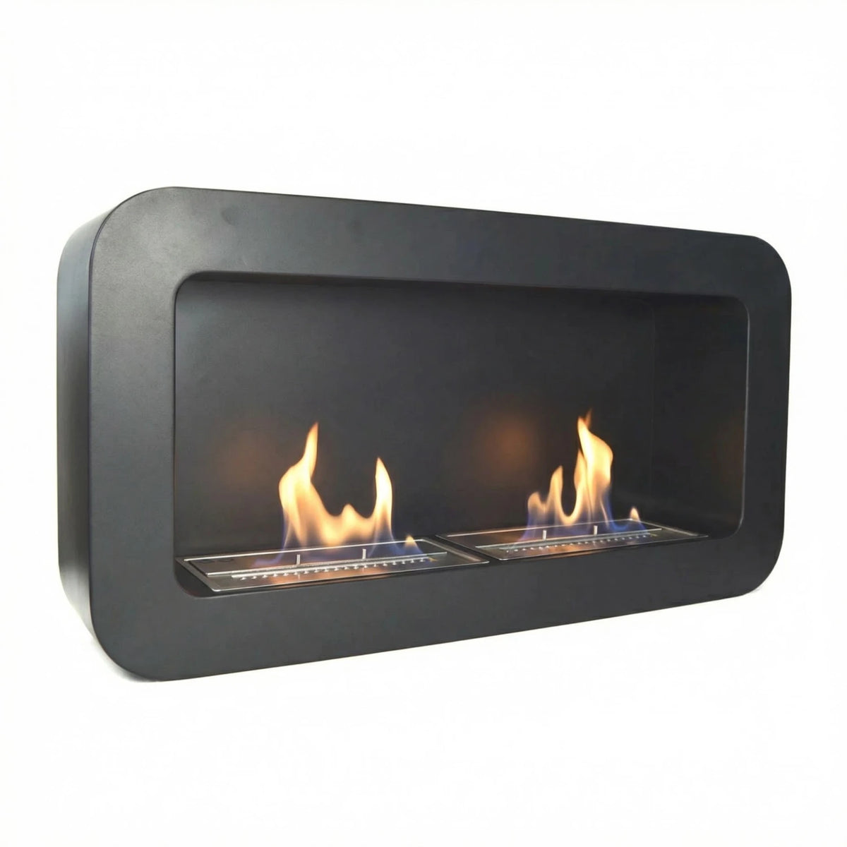 Rectangular curved black wall-mounted bioethanol fireplace with two lit flames, angled 3/4 studio view on white background