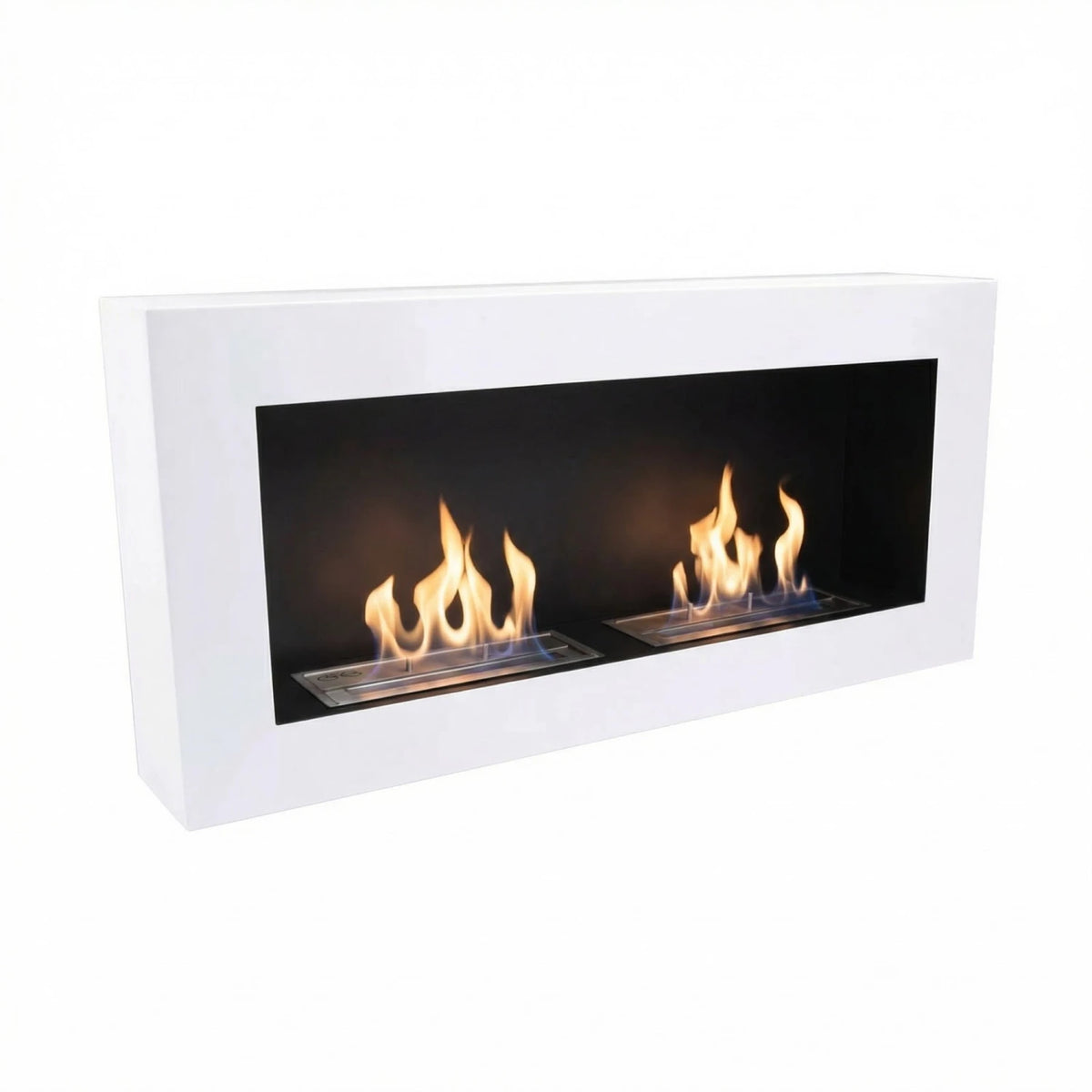 Large white wall-mounted bioethanol fireplace with two lit flames, front-facing studio photo on white background