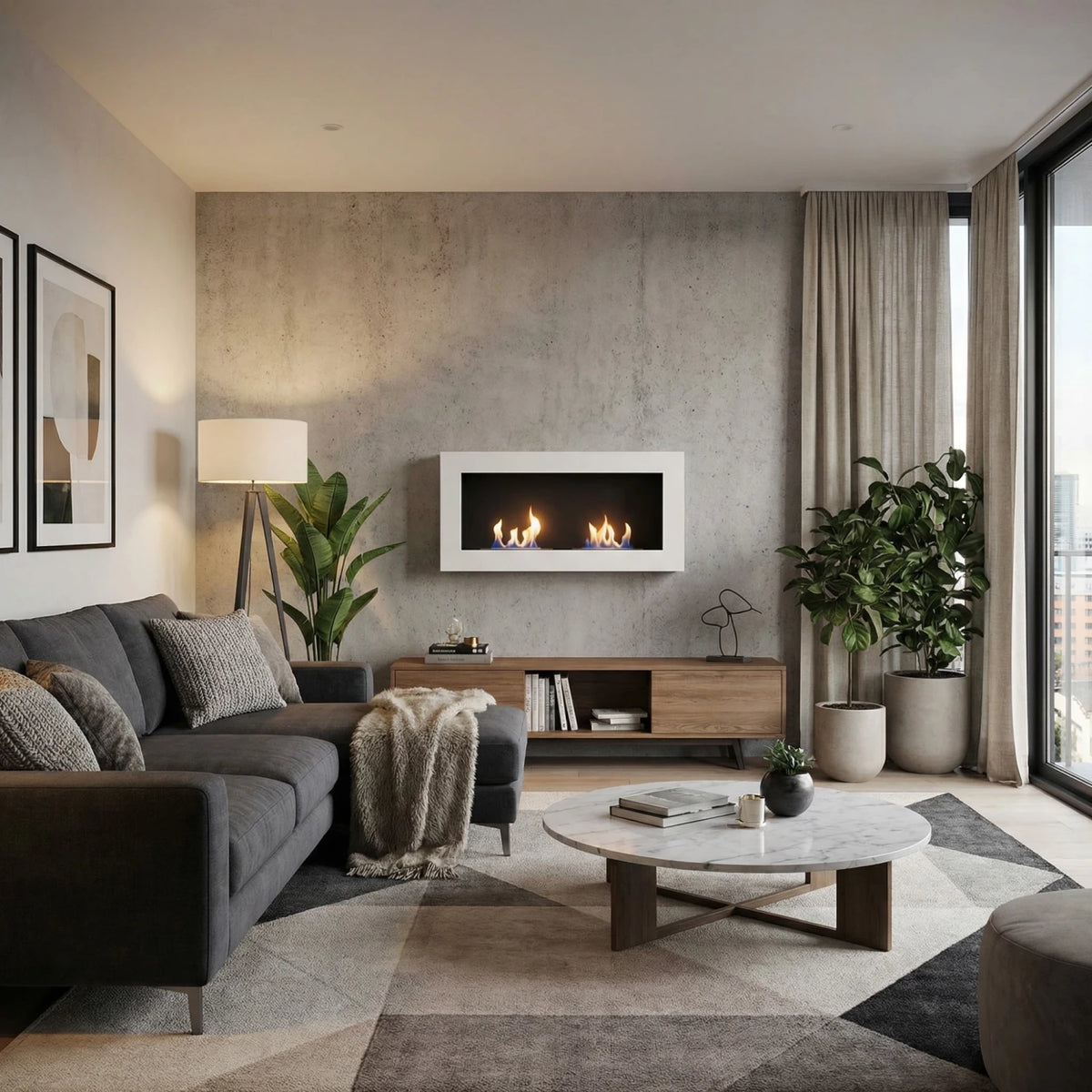 Large white wall-mounted bioethanol fireplace with a lit flame, styled on a concrete accent wall above a wooden media console in a modern living room