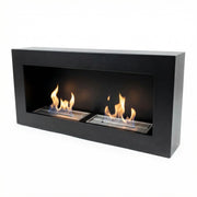 Large black wall-mounted bioethanol fireplace with two lit burners, angled studio shot