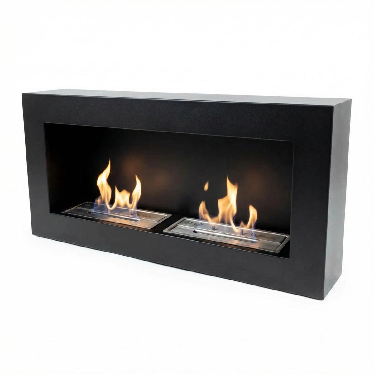 Large black wall-mounted bioethanol fireplace with two lit burners, angled studio shot