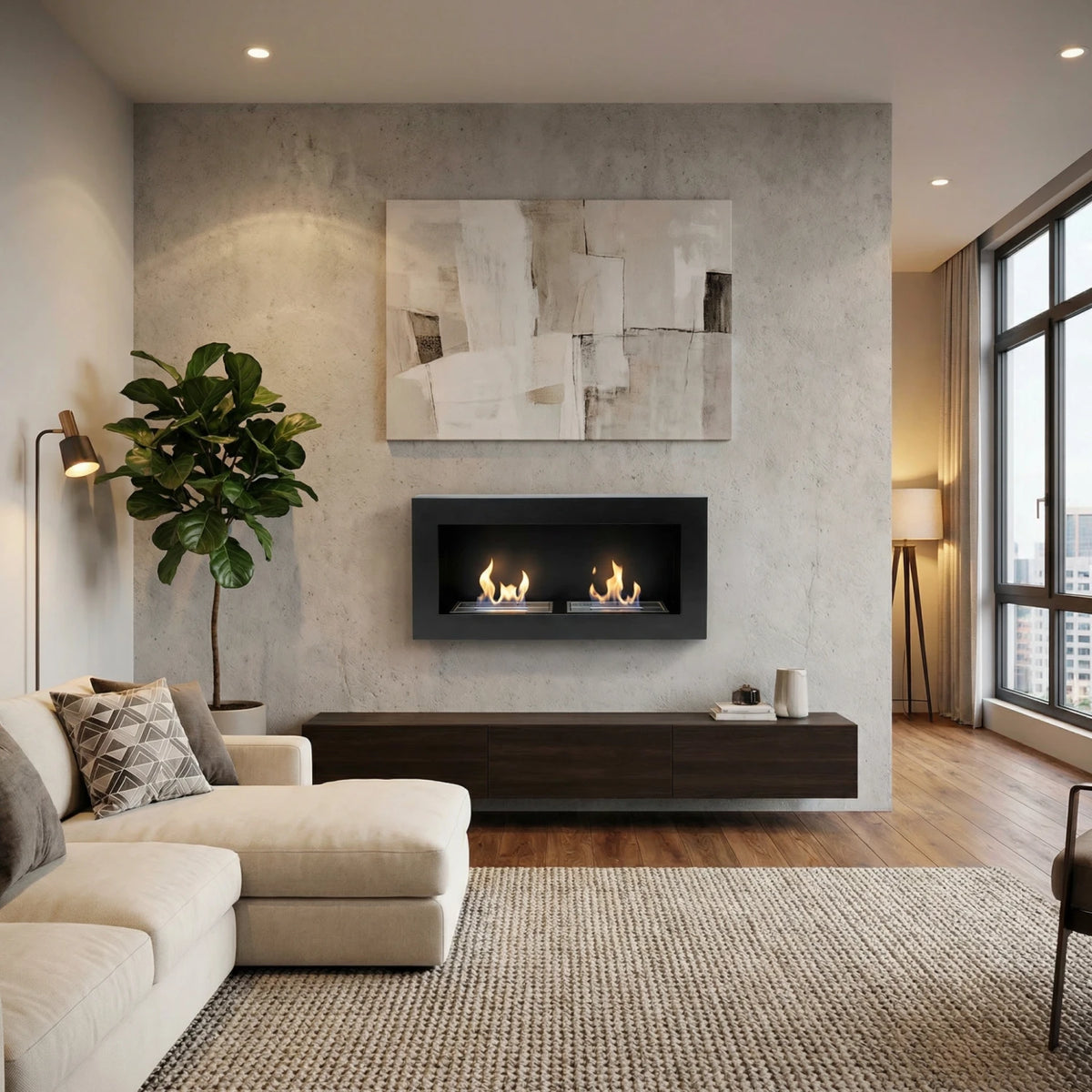 Large black bio fireplace mounted in a modern living room above a wood console