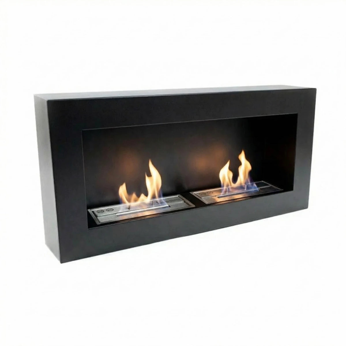 Large black wall-mounted bioethanol fireplace with two lit burners, mirrored angle on white background
