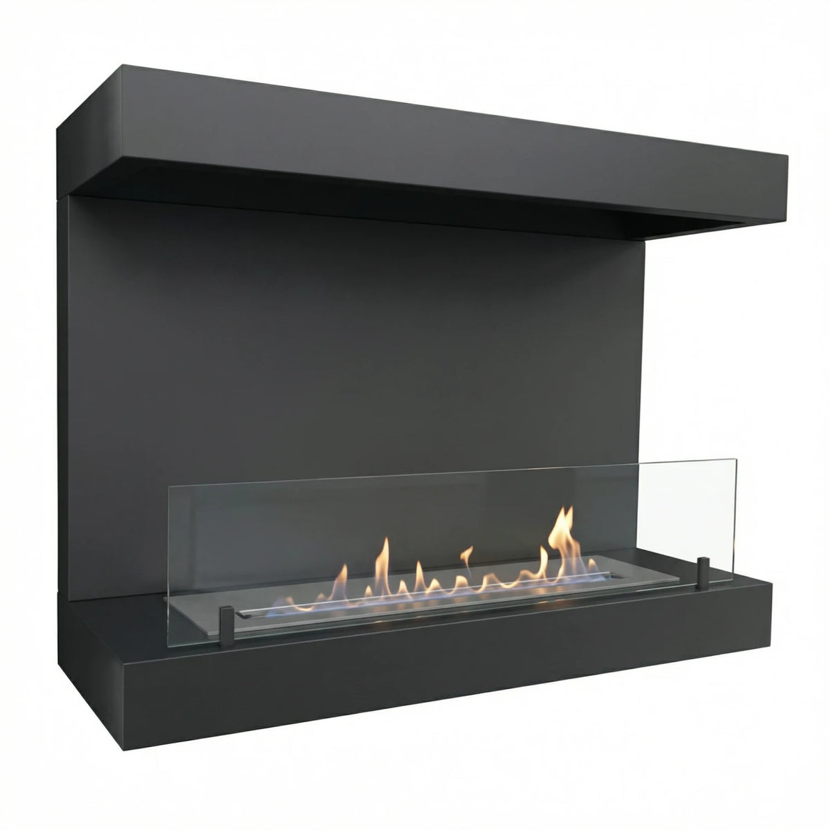 Dakota black three-sided wall-mounted bioethanol fireplace, angled studio shot with lit flame
