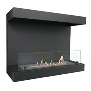 Dakota black three-sided wall-mounted bioethanol fireplace, angled studio shot with lit flame