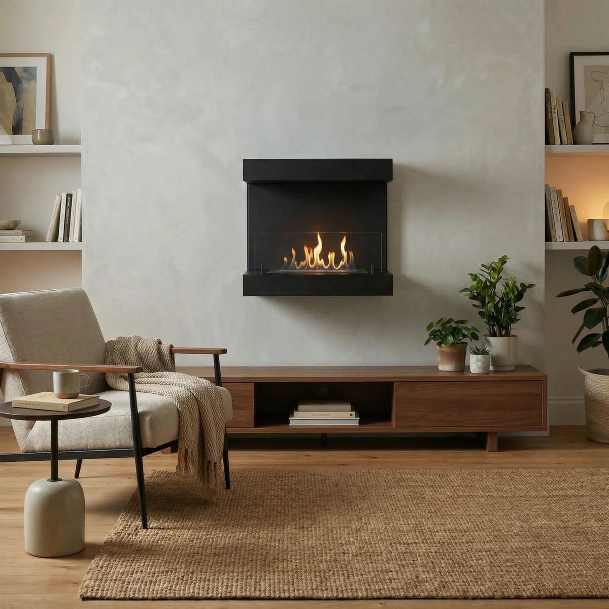 Dakota black three-sided bio fireplace mounted above a wood console in a bright living room