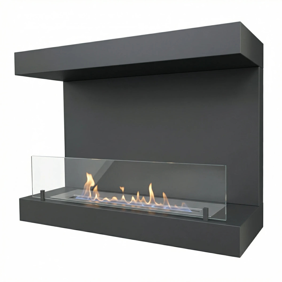 Dakota black three-sided bio fireplace, mirrored angle with lit flame on white background