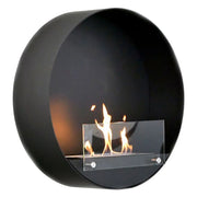 Delaware black round wall-mounted bioethanol fireplace, angled studio shot with lit flame